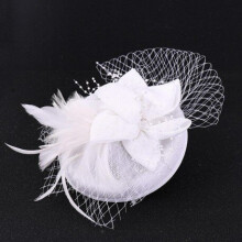(White) Fashion White Red Women Mesh Hat Ribbons And Feathers Wedding Hats Fascinator Face Veils For Bridal Headwear Wedding Accessories