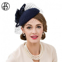 (Black) FS Royal Blue Ladies Wedding Felt Hat Flower 100% Wool Pillbox Hats Veil Fascinators For Women Elegant Black Church Derby Fedora