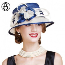 (Blue White Fedora) FS British Blue White Sinamay Wedding Hat For Women Elegant Church Flower Wide Brim Fedoras 2019 Linen Kentucky Derby Hat Lady