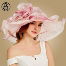 (56, Pink Sun Hat) FS 2019 Pink Kentucky Derby Hat For Women Organza Sun Hats Flowers Elegant Summer Large Wide Brim Ladies Wedding Church Fedoras