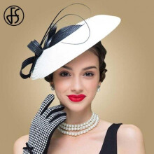 (Khaki Fedora) FS Fascinators Black And White Weddings Pillbox Hat For Women Straw Fedora Vintage Ladies Church Dress Sinamay Derby Hats