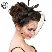 (Red) FS Bridal Wedding Hats Fascinators For Woman Black White Party Lace Patchwork Flower Sinamay Feather With Veil Headdress