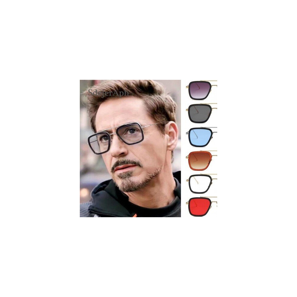 (Gold Red) Iron Man 3 Avengers Tony Stark Men Oversized Sunglasses Shades Fashion Vintage Big Alloy Frame Square Mirror UV400 Sun Glasses