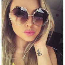 (Gold Tea) Vintage Round Big Size Oversized lens Mirror  Sunglasses Women Brand Designer Metal Frame Lady Sun Glasses  Lady Cool Retro