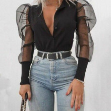 (M, As photo shows) Women Blouses 2019 Elegant See-through Sheer Mesh Blouse Puff Long Sleeve Shirt Tops Tee Shirt Womens Blouses And Tops Shirts