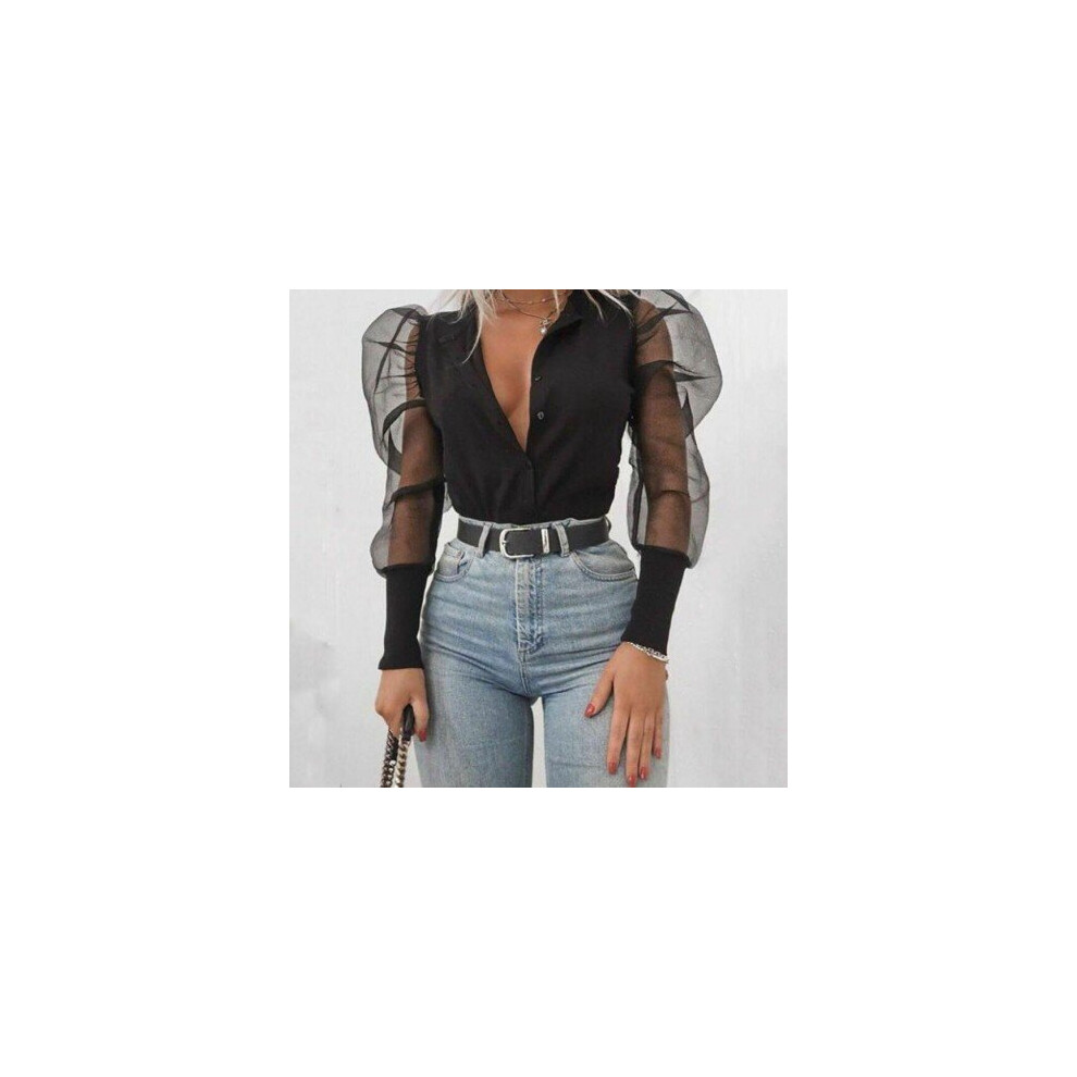 (M, As photo shows) Women Blouses 2019 Elegant See-through Sheer Mesh Blouse Puff Long Sleeve Shirt Tops Tee Shirt Womens Blouses And Tops Shirts