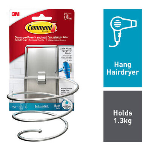 3M Command Satin Nickel Bath Hair Dryer Holder BATH39-SN