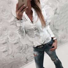 (M, White) Autumn Spring Printed Blouse For Woman 2019 arrival Women Long Sleeve Loose Blouse Ladies Sexy V Neck Casual Tops Shirt