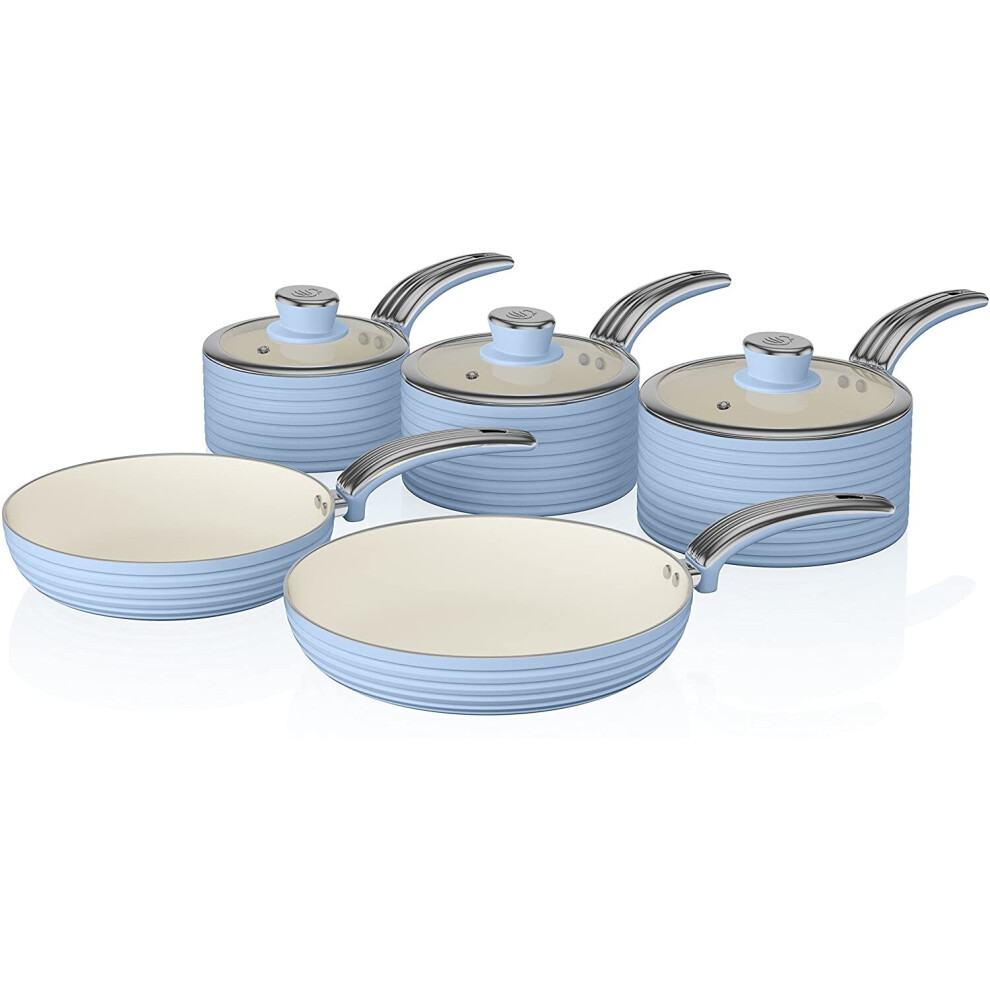 Retro Induction Pan Set, Non Stick Ceramic Coating, Easy to Clean, Blue, 5 Piece, 16/18/20 cm Saucepans, 20/28 cm Frying Pans