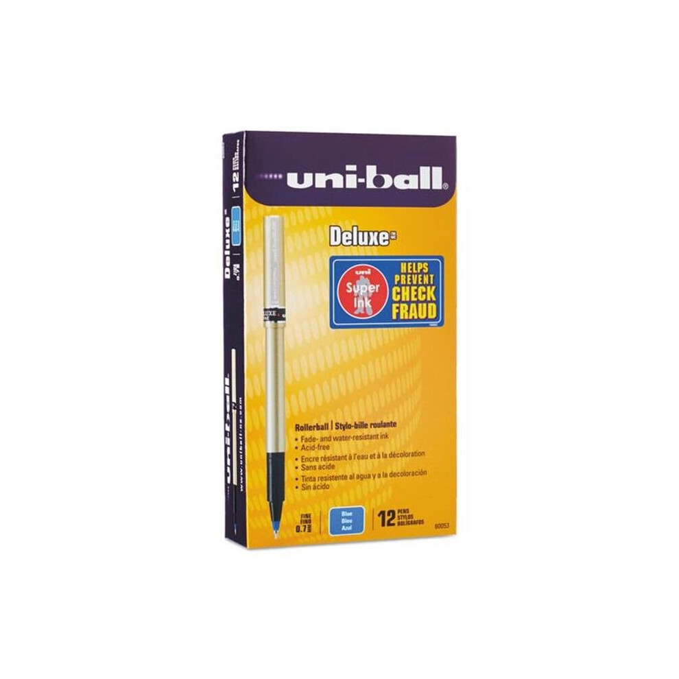 Uni-Ball UBC60053 0.7 mm Fine Blue Ink Champagne Barrel Deluxe Stick Roller Ball Pen - 1 Dozen