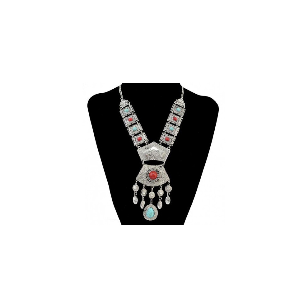 Photos - Pendant / Choker Necklace Vintage Silver Gold Necklace Inlay Crystal Beads Geometric Shape Carved Tassel Pendant Necklaces for Boho Gypsy Turkish