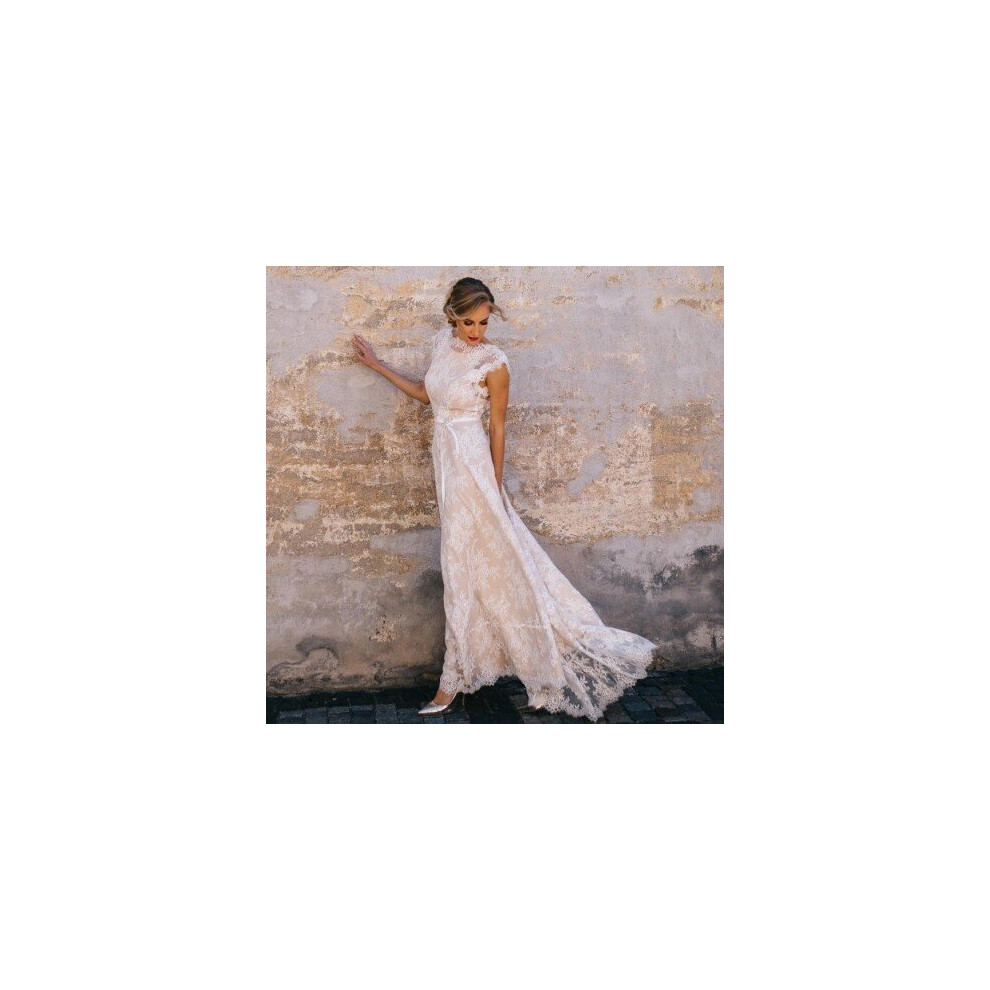 (Red) Vintage Champagne Lace Bohemian Wedding Dress A Line Cap Sleeve Sexy Backless Bridal Gown Vestidos de Novia 2020-image-OPC-P6XQTVK-NEW