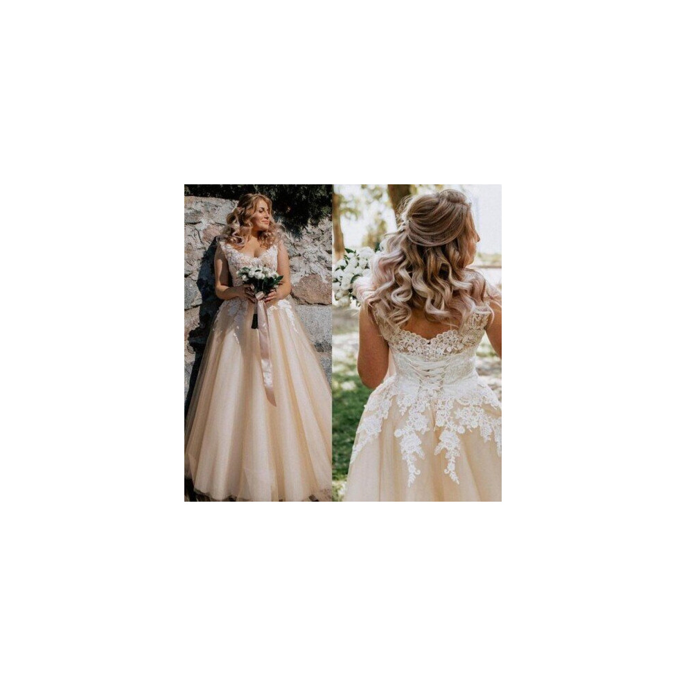 (Ivory) V-neck Lace Applique Cap Sleeve Long Elegant A-line Wedding Dress with Lace-up Pearls Champagne Bridal Dress vestido de novia-image-OPC-P6XQWJX-NEW