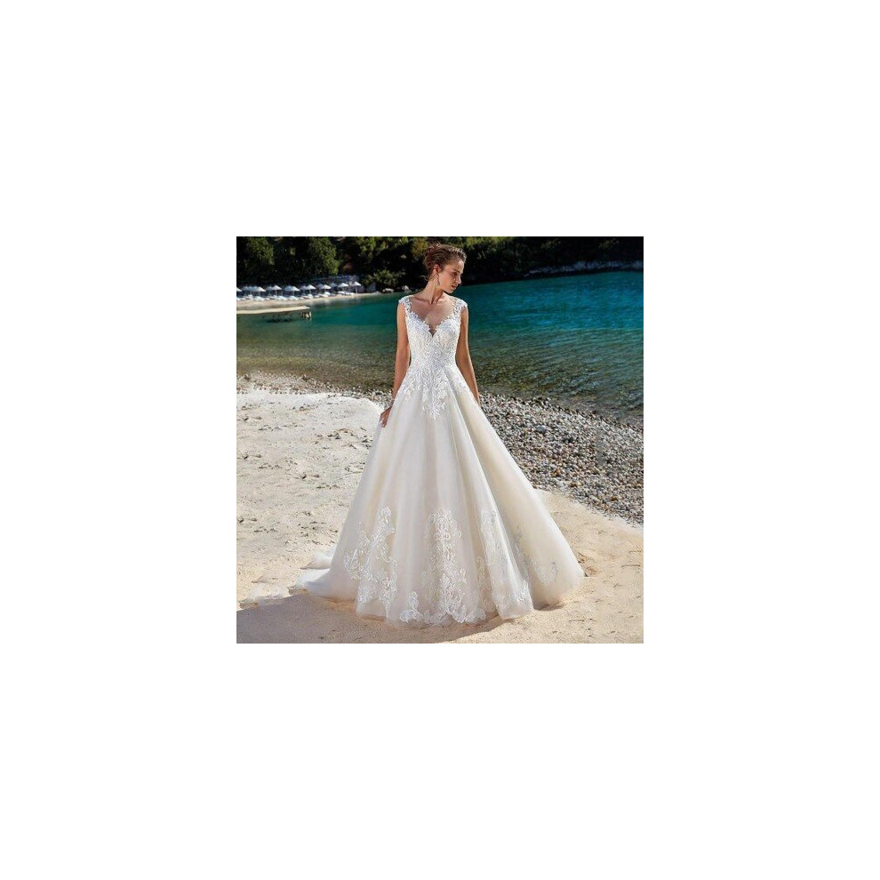 (Beige) SoDigne Wedding Dresses Lace Applique Sleeveless Illusion Beach Wedding dress Bridal Gowns vestidos de novia Pluse size sukienki-image-OPC-P6XQWTJ-NEW