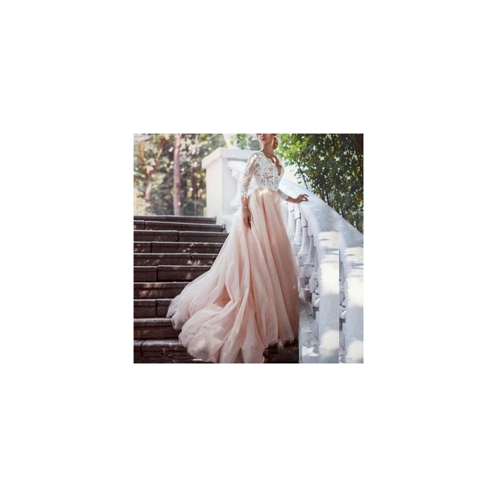 (Custom made) Sexy V-neck Princess Wedding Dresses Lace Long Sleeves Formal Bridal Gowns with Applique Blush Pink Tulle Bride Dress 2020-image-OPC-P6XQZHP-NEW