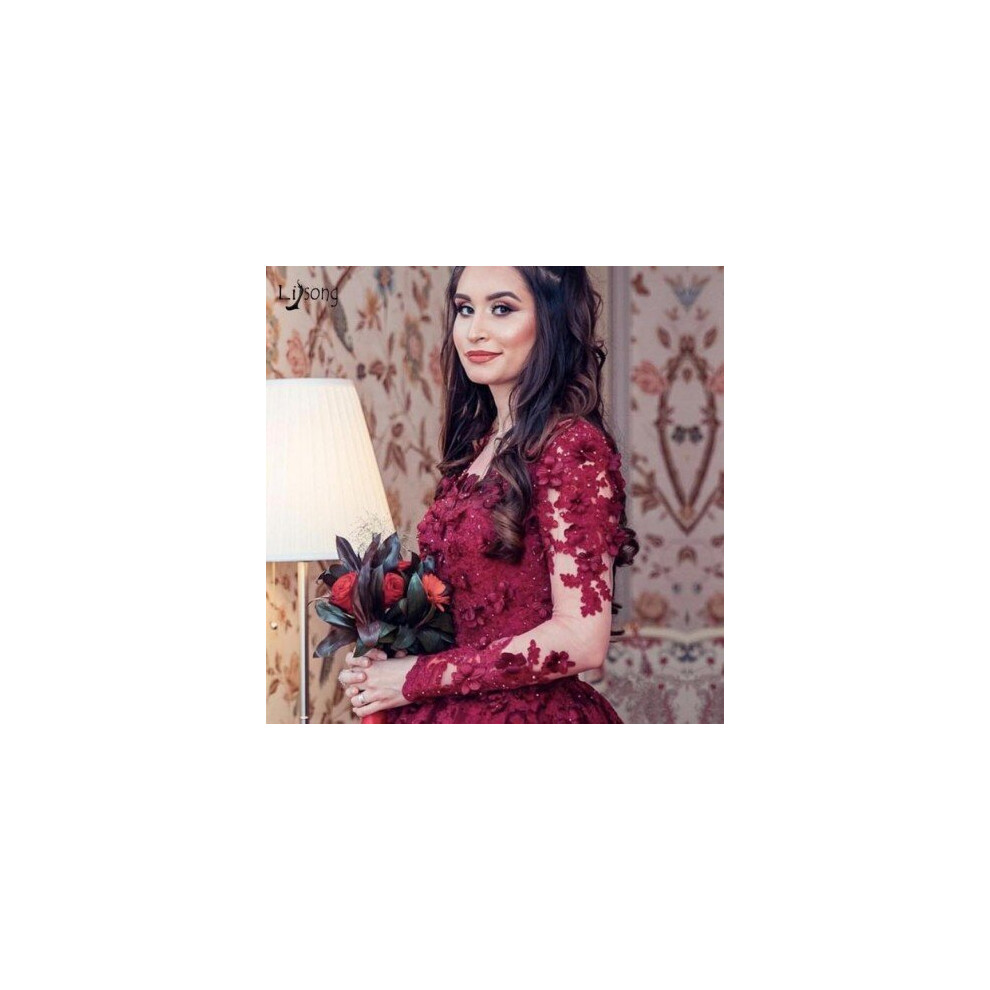 (Pink) Saudi Arabic 3D Flower Lace Wedding Dresses 2019 Full Sleeves Vintage Burgundy Beaded Muslim Bridal Gowns Robe De Mariee-image-OPC-P6XR5FN-NEW