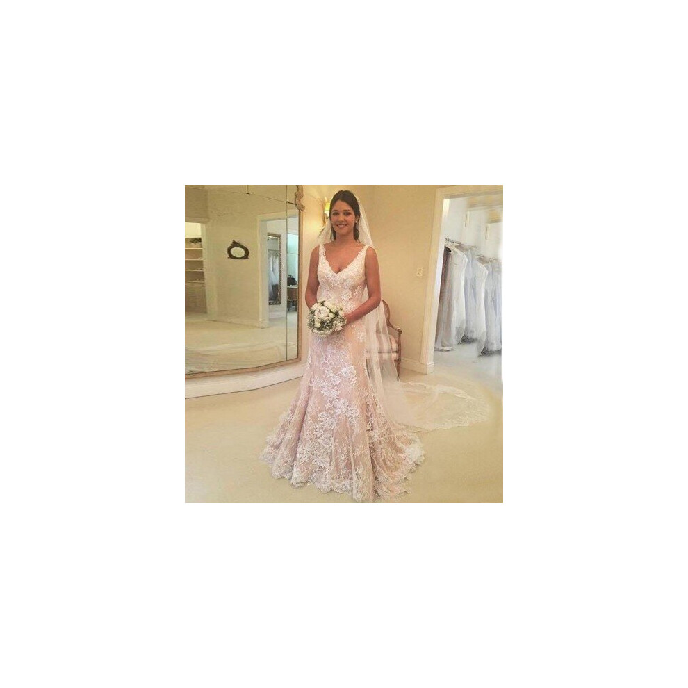 (White) Mermaid Lace Wedding Dresses Deep V-neck Sleeveless 2019 Backless Bridal Dresses Sweep Train Wedding Gowns Vestidos De Novia-image-OPC-P6XRJDY-NEW