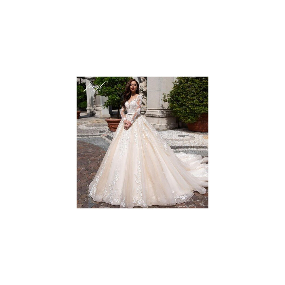 (Pink) Fmogl Elegant Illusion Long Sleeve Vintage Wedding Dresses 2020 Luxury Scoop Neck Appliques Court Train A Line Bridal Gowns-image-OPC-P6XRZJD-NEW