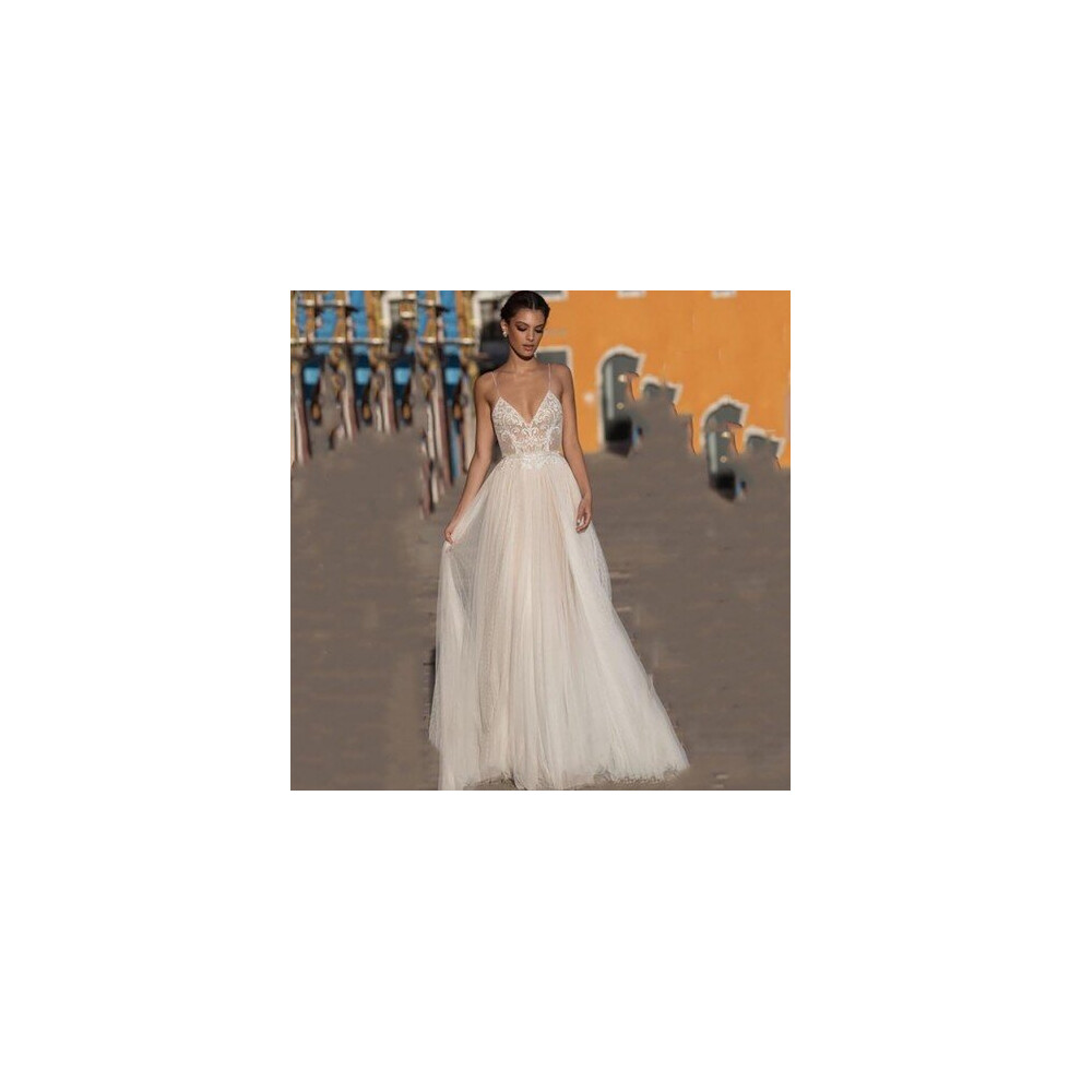 (Ivory) Eightree Beach Wedding Dress Boho vestido de noiva Bohemian Lace Bridal Dress Backless Spaghetti Straps V Neck Wedding Gowns-image-OPC-P6XSDGC-NEW