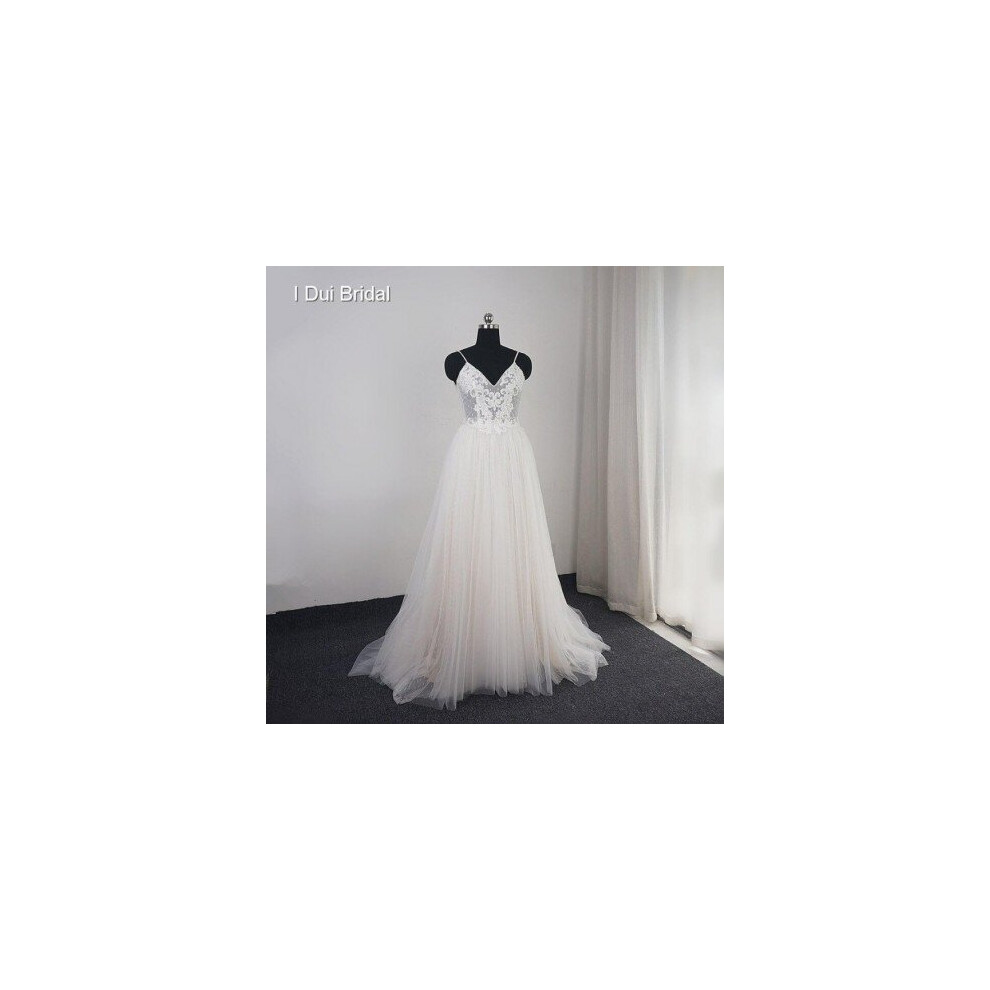 (All Ivory) Dot Tulle Beach Wedding Dress Spaghetti Pearl Beaded Strap Bridal Gown-image-OPC-P6XSDP9-NEW