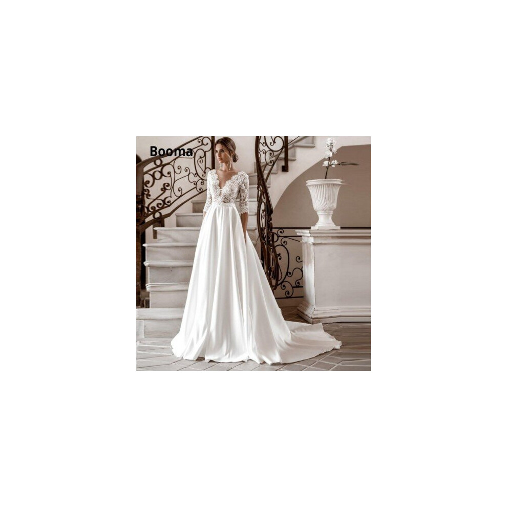 (White) Booma A-line Satin Wedding Dresses Lace V-neck 3/4 Sleeve Boho Bridal Gown Vintage Princess Party Dress Sweep Train Plus Size-image-OPC-P6XSK5M-NEW