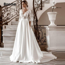 (Ivory) Booma A-line Satin Wedding Dresses Lace V-neck 3/4 Sleeve Boho Bridal Gown Vintage Princess Party Dress Sweep Train Plus Size