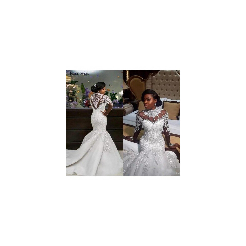 (White) Africa Long Sleeves Mermaid Wedding Dresses 2020 Luxury Illusion Back Court Train Lace Bridal Gowns Vestido De Novia Plus Size-image-OPC-P6XSQP8-NEW
