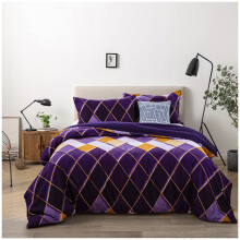 (Purple, King) Golden Lines Argyle Bedding Set, Geometric Diamond Duvet Cover Set