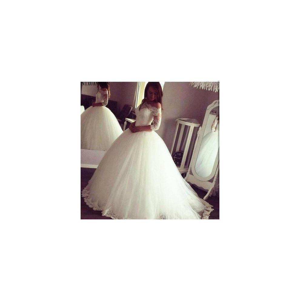 (Red) 2020 Arabic Princess Ball Gown Wedding Dresses Sheer Neck 3/4 Sleeve Off-the-shoulder Sweep Train Lace Up Plus Size Bridal Gown-image-OPC-P6XSSZY-NEW