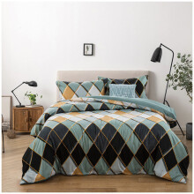 (Green, Double) Golden Lines Argyle Bedding Set, Geometric Diamond Duvet Cover Set