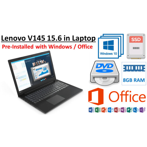 Used Lenovo V145 A6 15.6-inch Laptop, AMD A6-9225, 8GB RAM, 256GB SSD,  DVD+RW,Windows 10 Pro on OnBuy