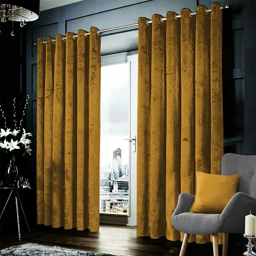 (Ocher, 46" x 54" (116cm x 137cm)) Velvet Curtains Eyelet Ring Top Ready Made Lined Pair Panel