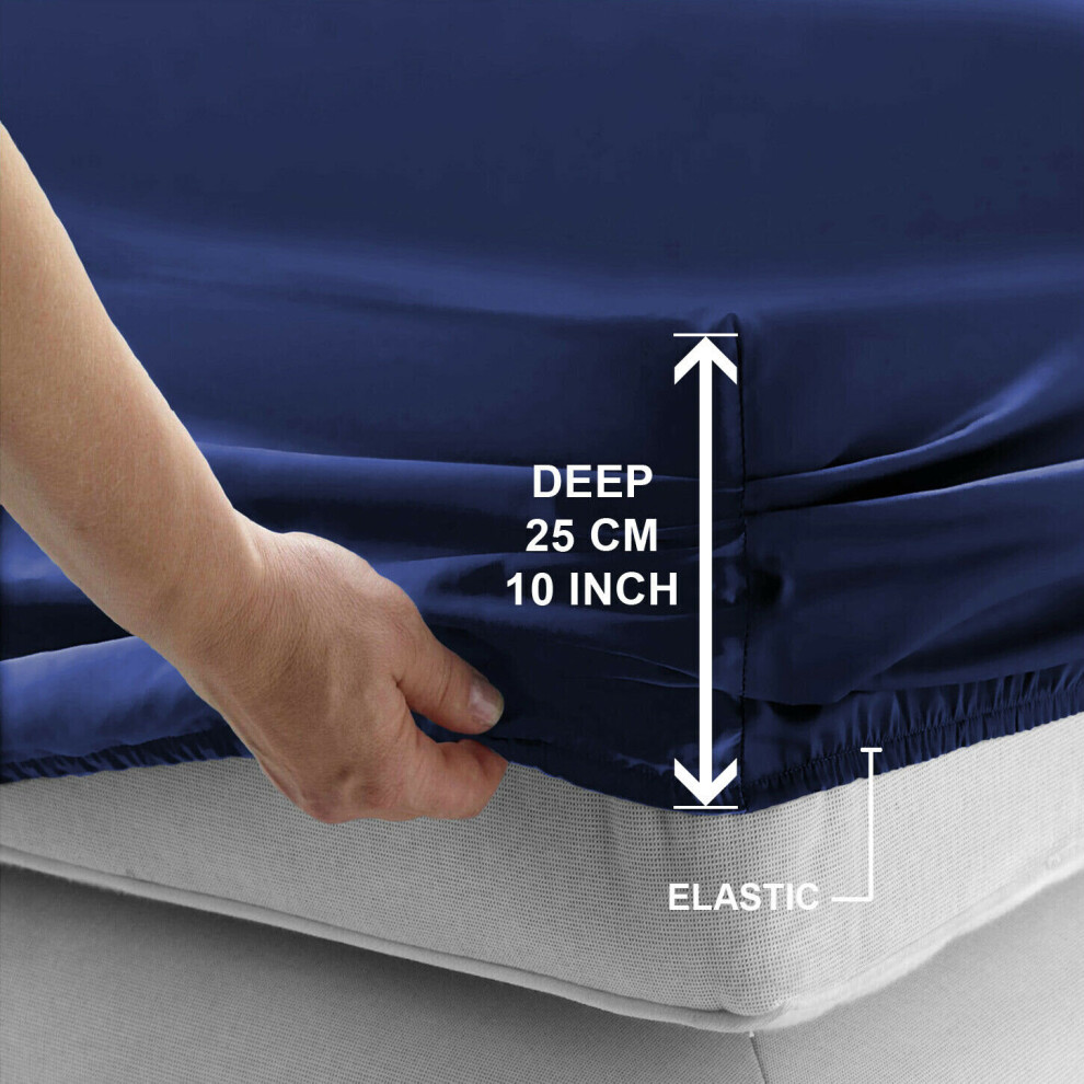 (Navy Blue, King (152 x 200 cm)) Fitted Sheet Bed Sheets Extra Deep 25CM Single Double King Sizes