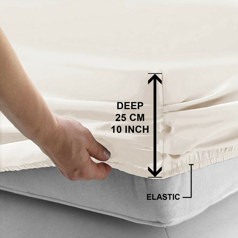 (Cream, Single (90 x 191 cm)) Fitted Sheet Bed Sheets Extra Deep 25CM Single Double King Sizes