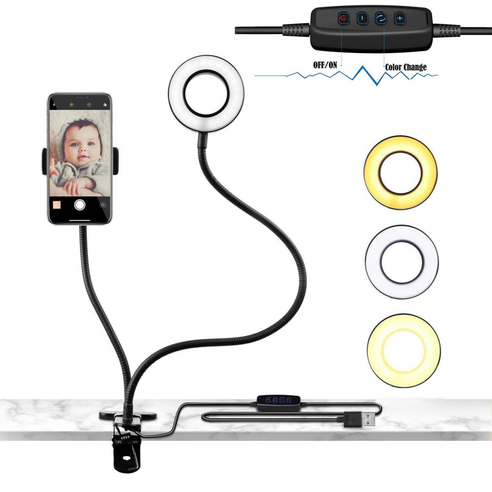 24 LED Ring Light with Stand Selfie Flash Mobile Phone Holder Long Arm USB Clip