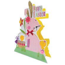 Pink Bunny Shaped Happy Easter 3D Paper Dazzle Greeting Card Glitter Finished