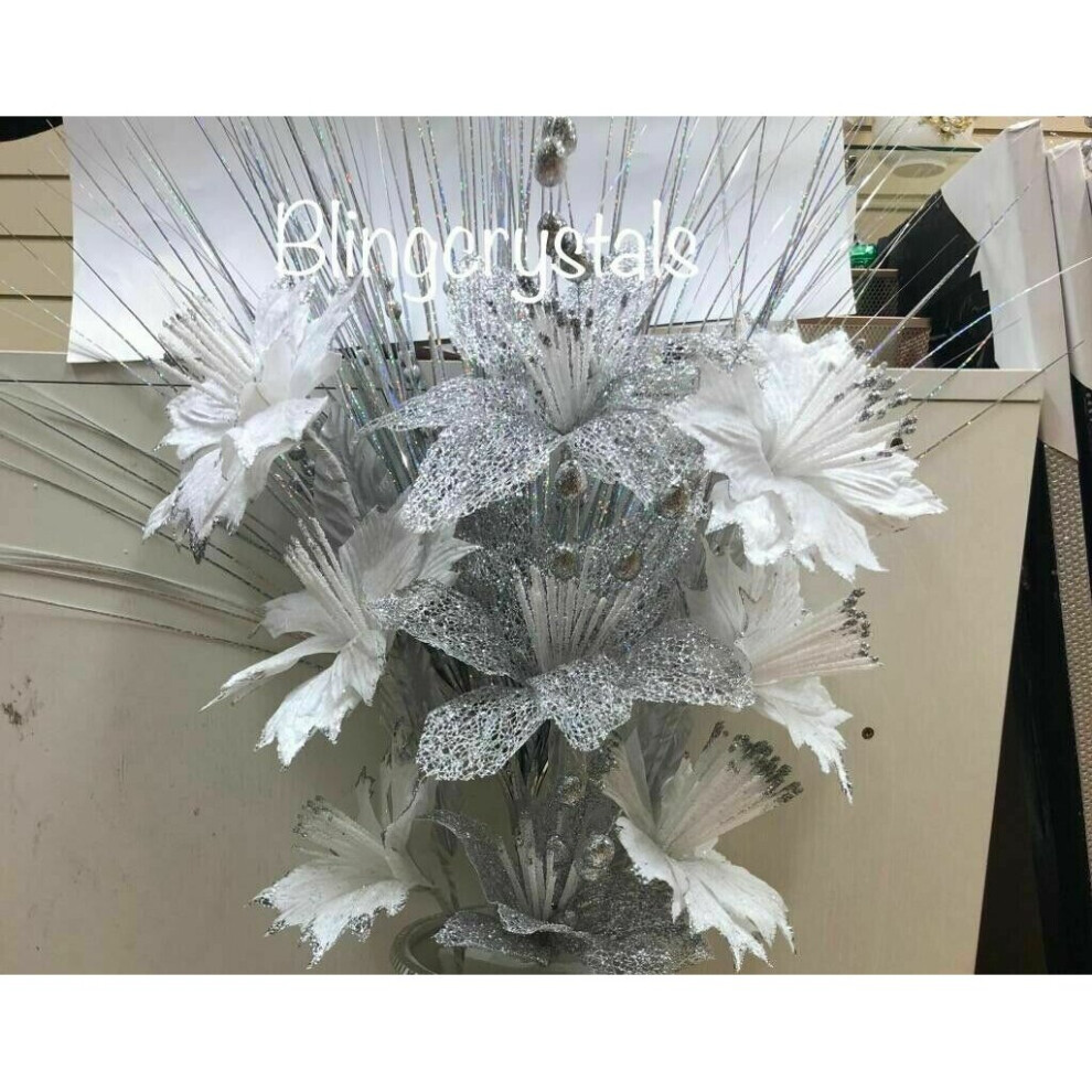 Artificial Bunch Of Flowers silver White Romany Bling NEW_UK