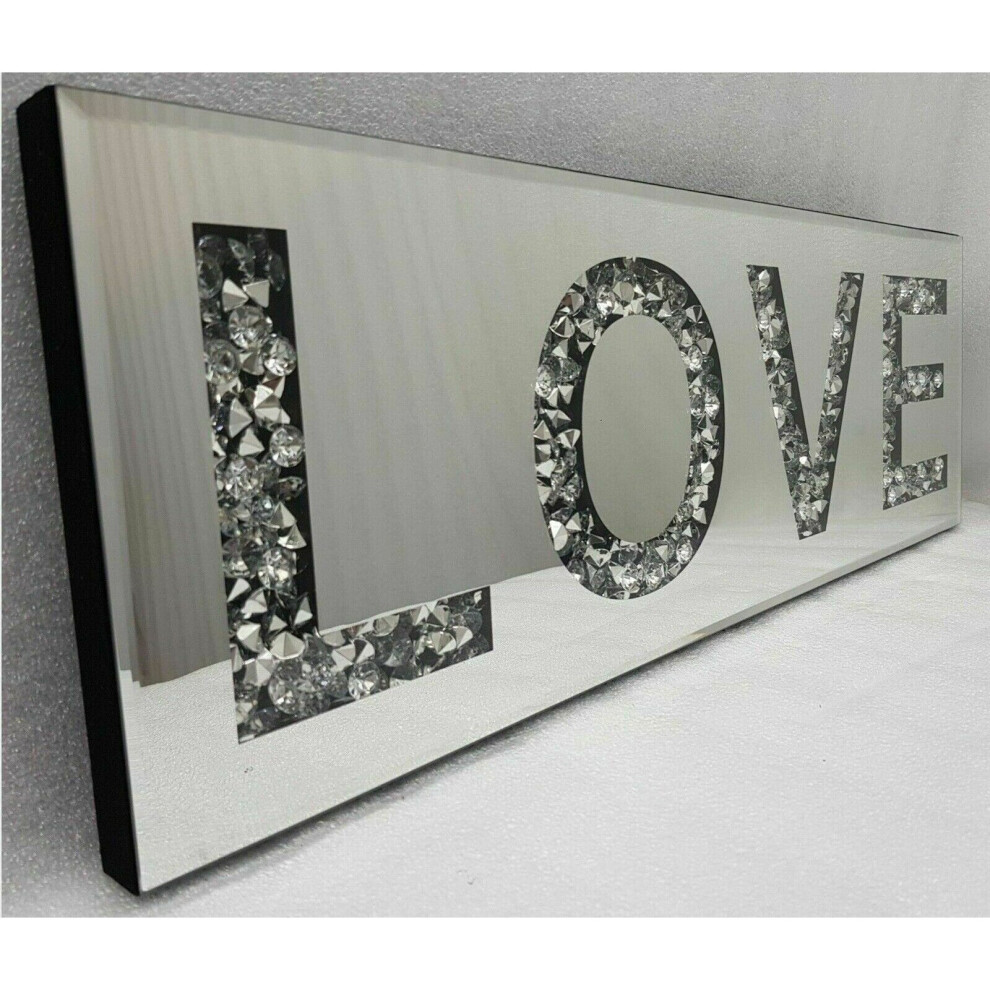 MIRRORED CRUSHED DIAMONDS "LOVE" WALL ART SILVER NEW_UK