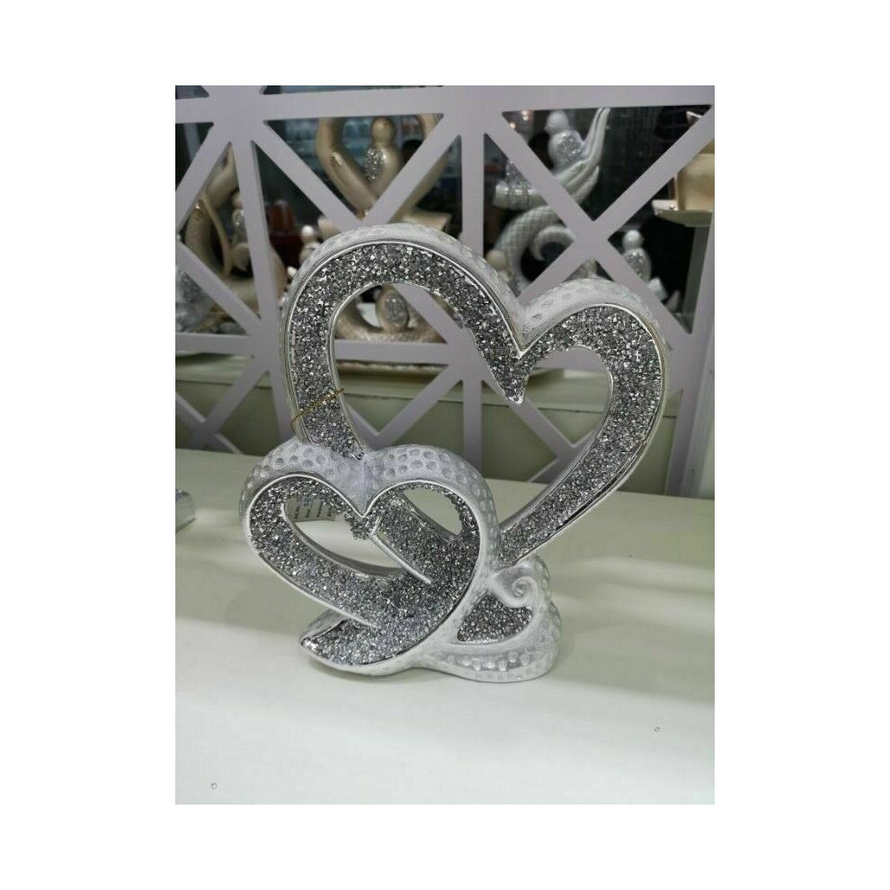 SILVER DOUBLE HEART SPARKLE BLING ORNAMENT CRUSHED DIAMOND NEW_UK_SELLER