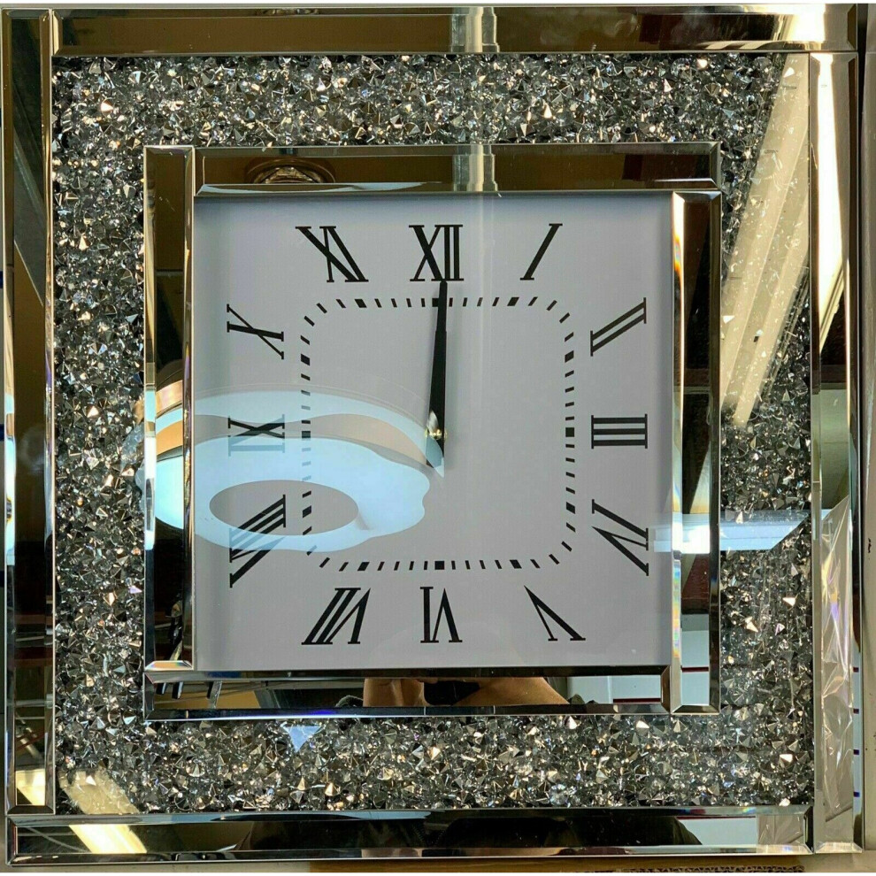 Square Bling Crushed Diamond Filled Silver Mirrored Stylish 30x30cm Wall Clock_