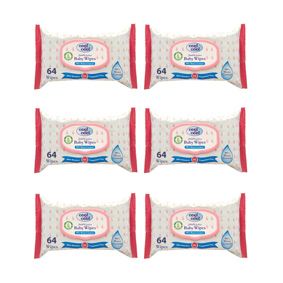 99% Water Baby Wipes 64'S X 6 (Total 384 Wipes), Ultra Soft, Hypoallergenic & Gentle For Newborns ( Pack Of 6 ) Cool & Cool