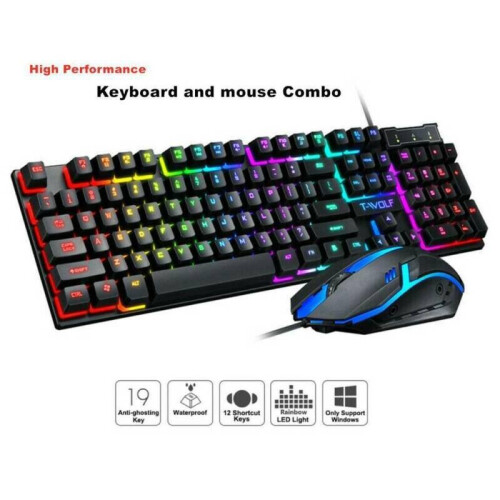 Gaming Keyboard Mouse Set Combo Rainbow LED Backlit Wired USB for