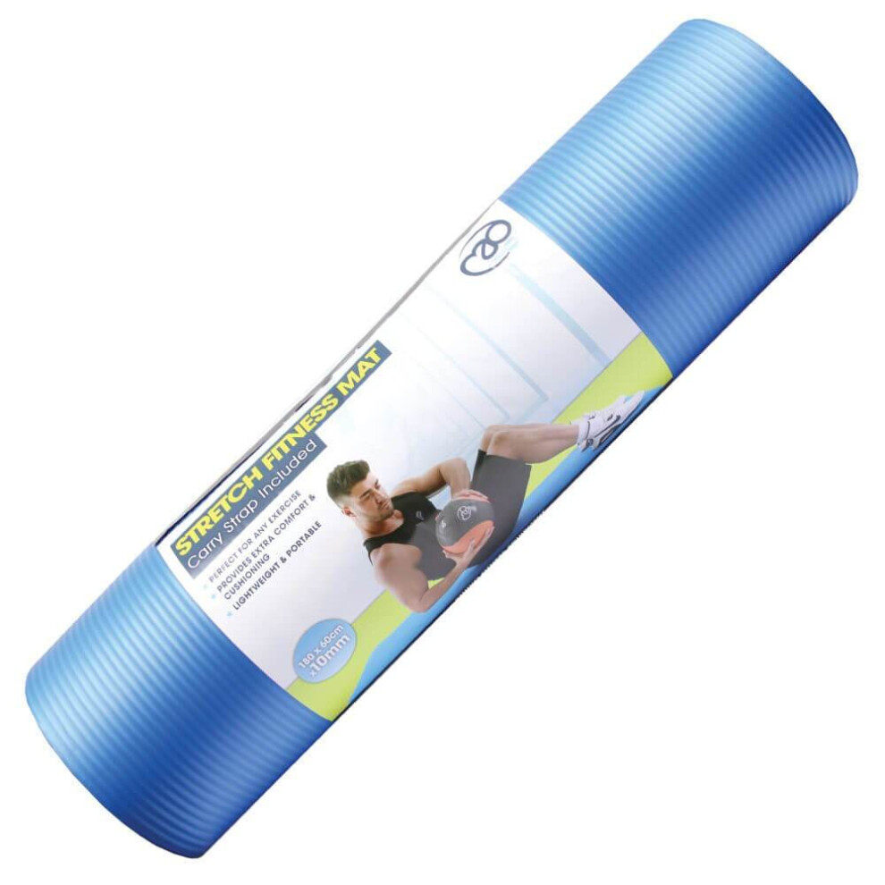 (Blue) Fitness Mad Stretch Fitness Mat Exercise Gym Workout 10mm Thick with Carry Strap