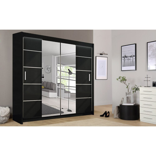 (Black, 150cm) Oslo Mirror Bedroom Sliding Wardrobe