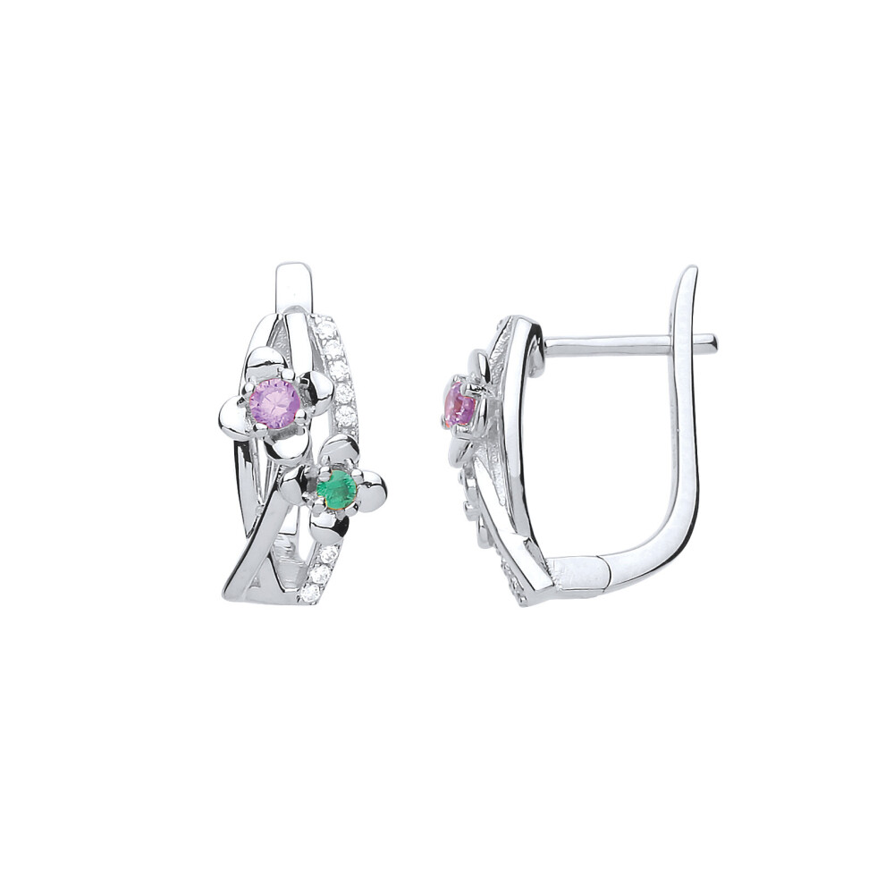 Jewelco London Ladies Sterling Silver Pink & Green Cubic Zirconia Duo Flower Petal Drop Earrings - GVE698