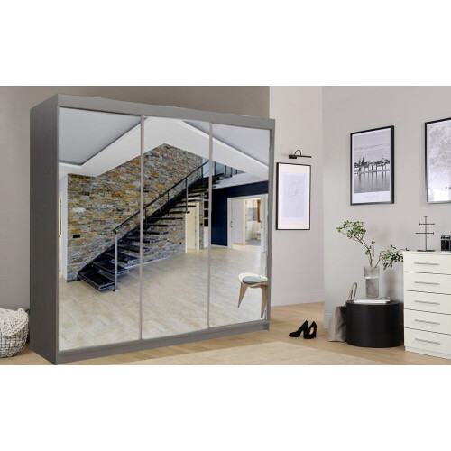 (Grey) Milan Full Mirror Bedroom Sliding Wardrobe 250cm