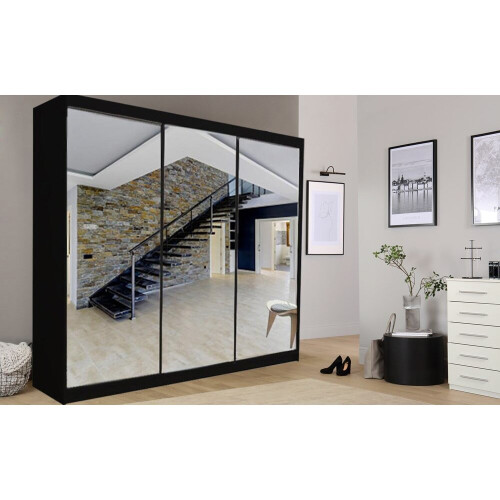(Black) Milan Full Mirror Bedroom Sliding Wardrobe 250cm