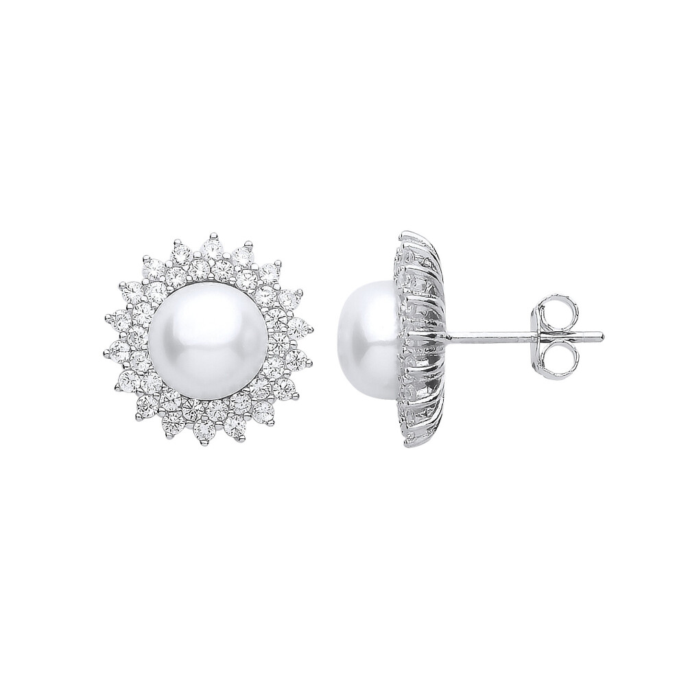Jewelco London Ladies Sterling Silver Cubic Zirconia & Freshwater Cultured Pearl Full Moon Star Burst Stud Earrings 8mm - GVE910