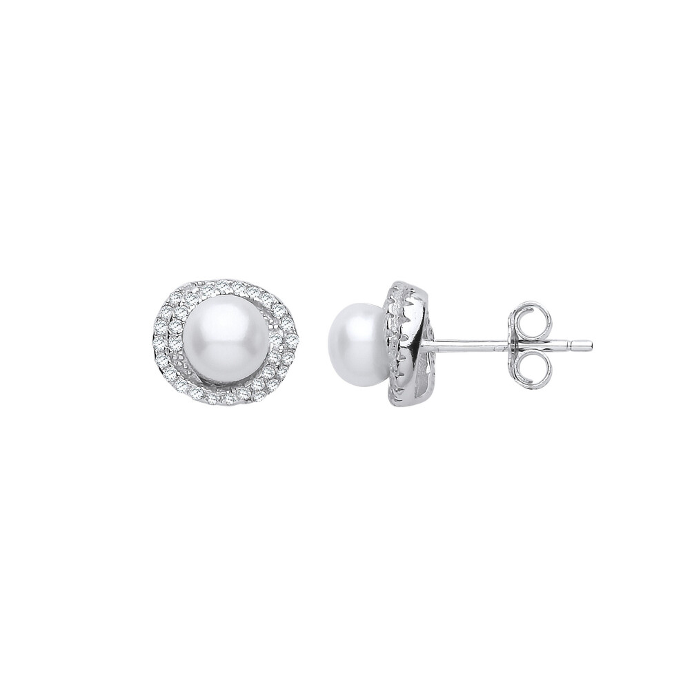 Jewelco London Ladies Sterling Silver Cubic Zirconia & Freshwater Cultured Pearl Full Moon Wormhole Stud Earrings 5mm - GVE913