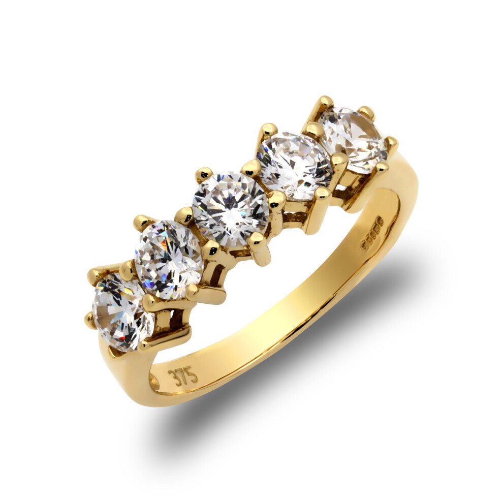 (O) Jewelco London Ladies Solid 9ct Yellow Gold White Round Brilliant Cubic Zirconia 5 Stone Eternity Ring